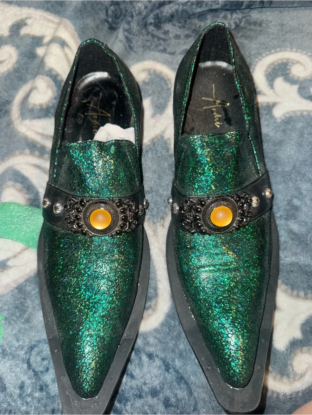 Men's Emerald Green Glitter Slip-On Loafers with Ornate Buckle